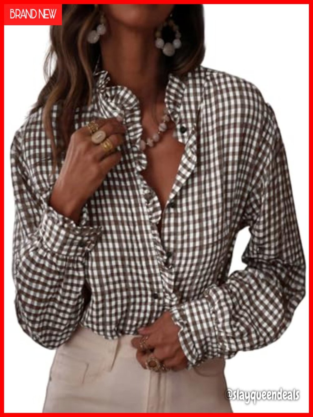 Womens Plaid Ruffle V Neck Button Down Blouse Long Sleeve Gingham Top